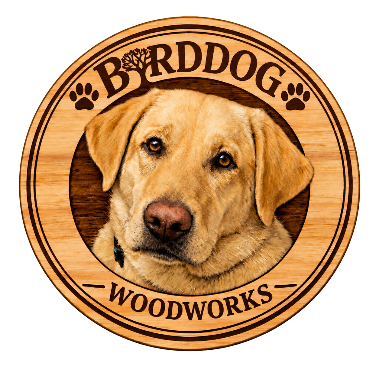 BIRDDOG WOODWORKS, NH logo, a golden Labrador framed by a wooden badge