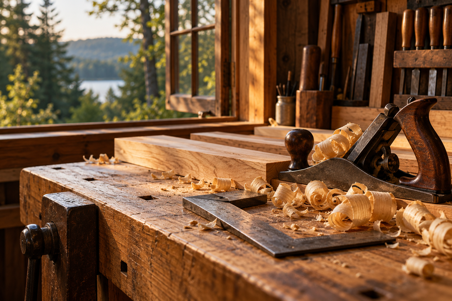 Illustrative sunlit woodworking bench with a hand plane, wood shavings, and a view of trees